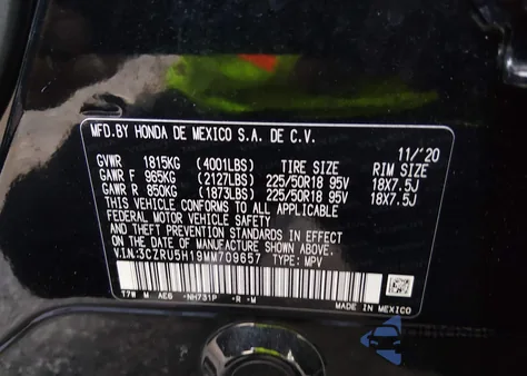 2021 Honda Hr-V 2Wd Sport z USA, uszkodzony, nr VIN 3CZRU5H19MM709657